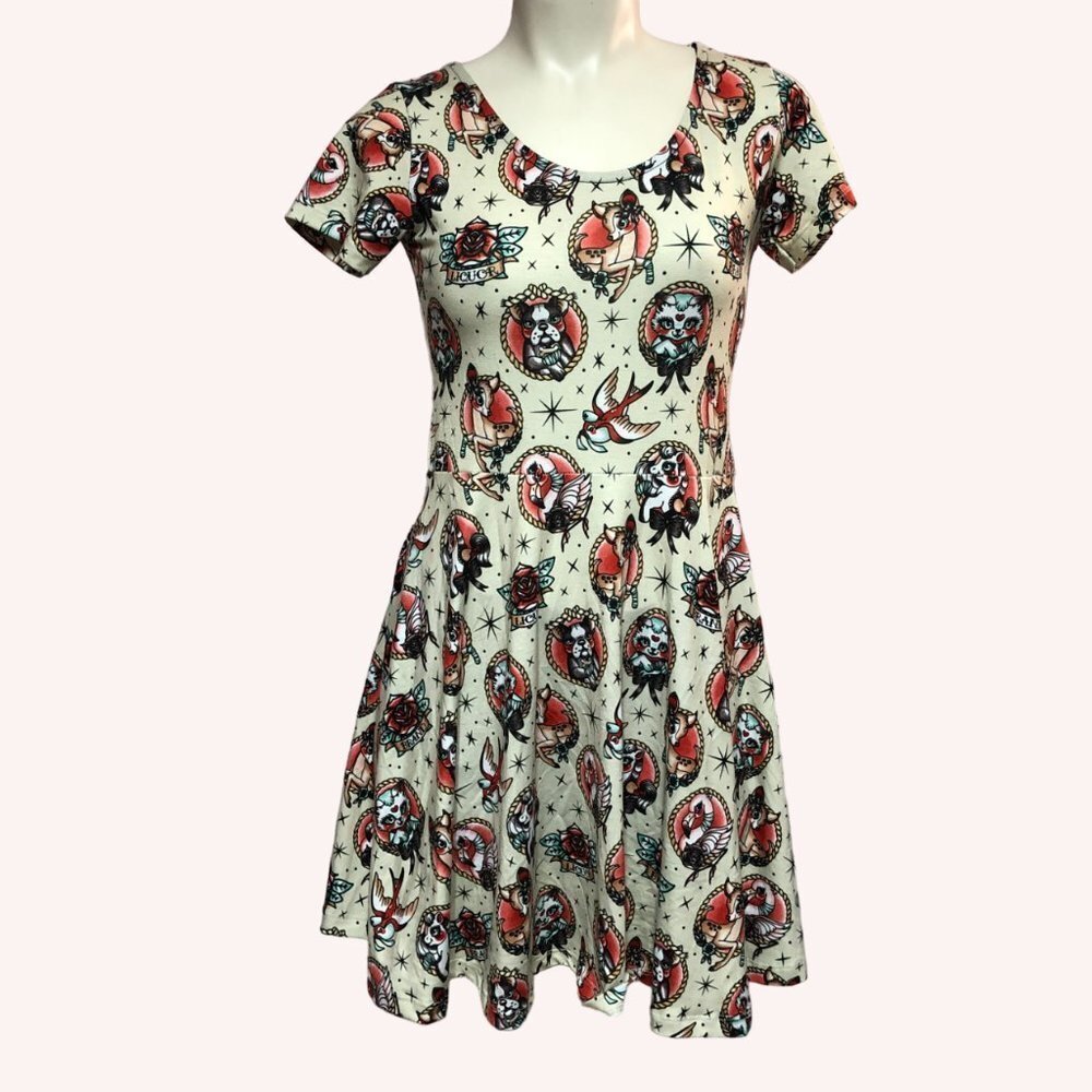 LIQUOR Brand Animal Hospital Tattoo Style Mini Summer Flared Dress Size Med